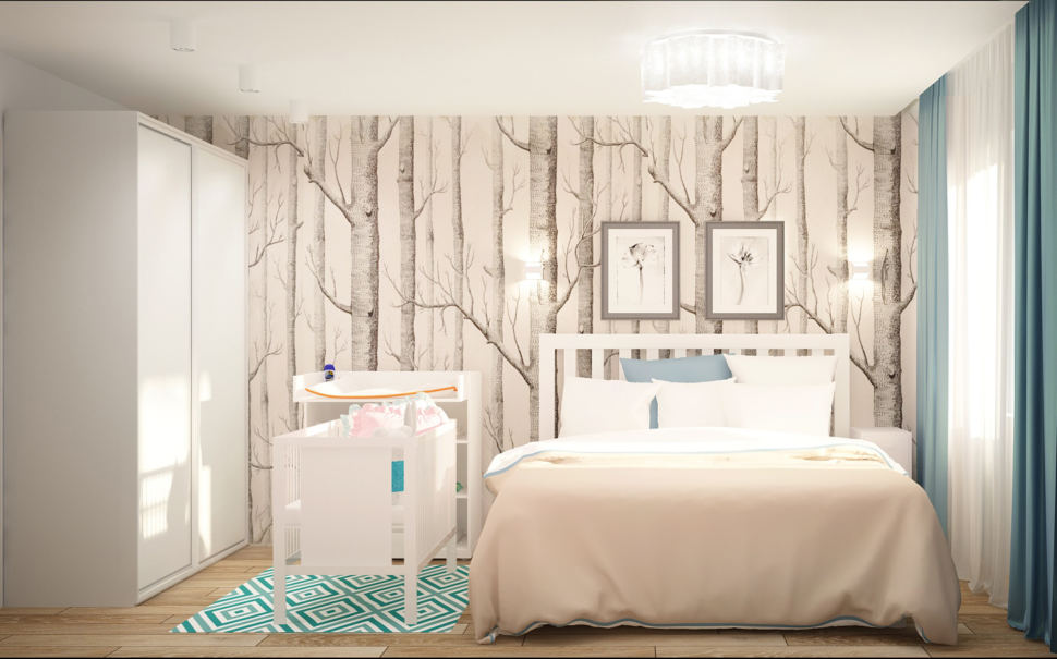 Дизайн-проект спальни 13 кв.м в белых и серо-бежевых тонах, столик, детская кроватка, белый шкаф, декоративные обои