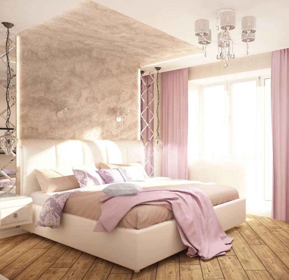 Визуализация спальни 11 кв.м в нежных тонах с лавандовыми оттенками, зеркало, розовые портьеры, люстра, кровать, прикроватные тумбы