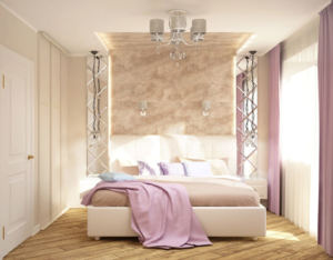 Визуализация спальни 11 кв.м в древесных тонах, кровать, зеркало, люстра, белые прикроватные тумбы 