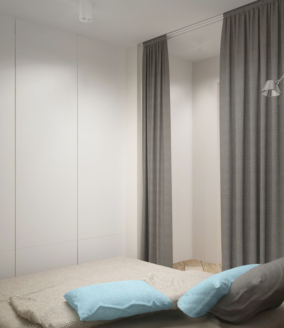 Проект спальни 5 кв.м в серых тонах, белый шкаф, серая кровать, ширма, накладные светильники
