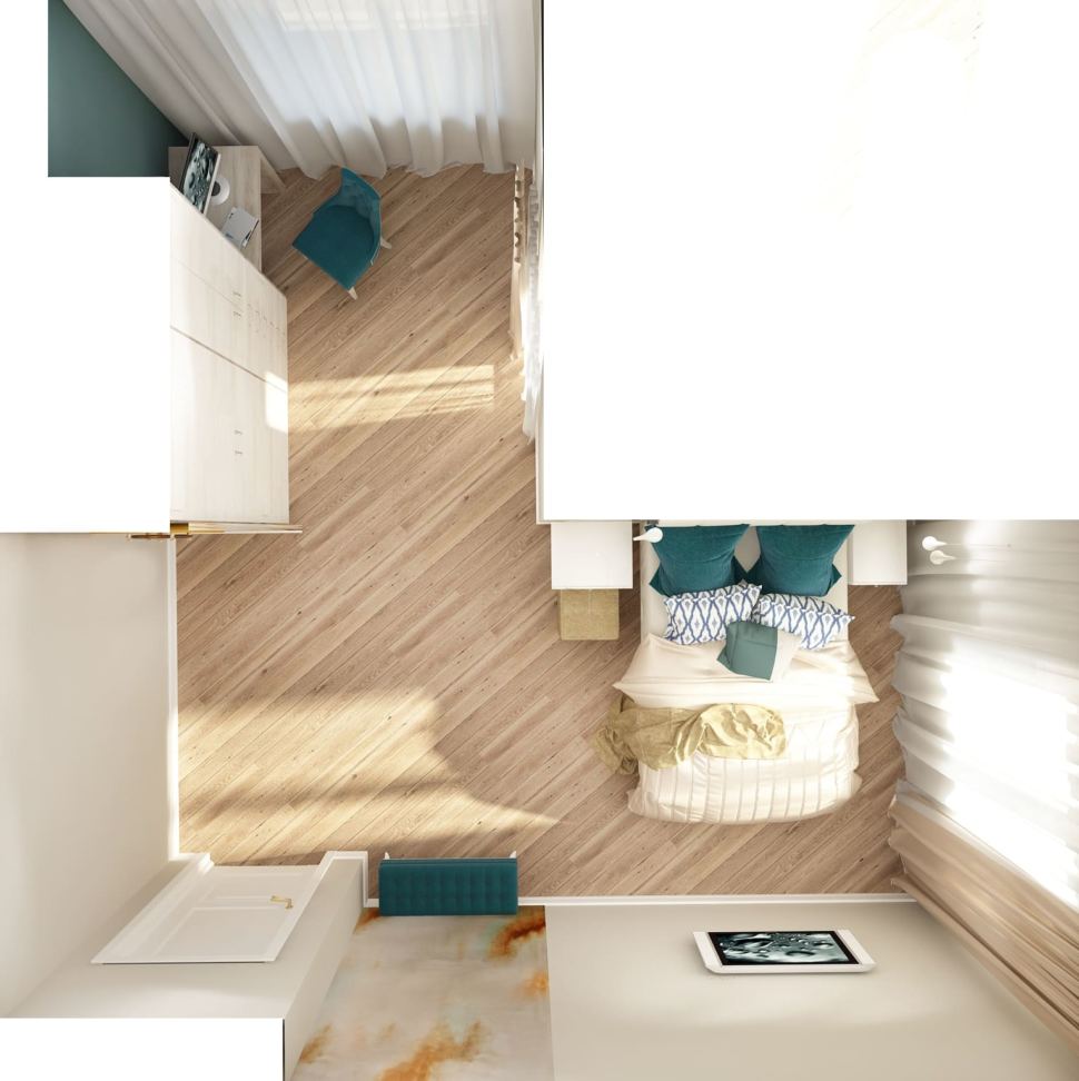 Визуализация спальни 22 кв.м в бежевых тонах с синими акцентами, туалетный столик, кровать, штукатурка, подвесной светильник
