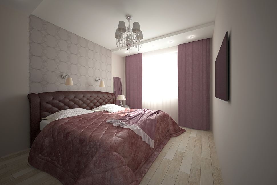 Интерьер спальни 16 кв.м в светлых тонах с фиолетовыми оттенками, кровать, фиолетовые портьеры, люстр, паркет