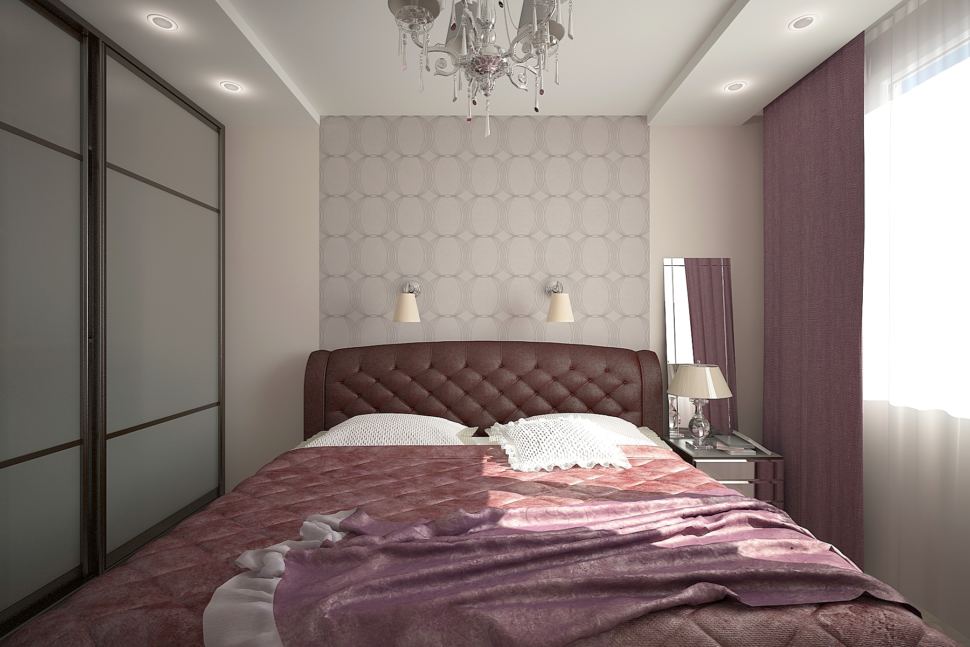 Проект спальни 16 кв.м в светлых тонах с фиолетовыми оттенками, шкаф, бордовая кровать, обои, зеркало, прикроватная тумба