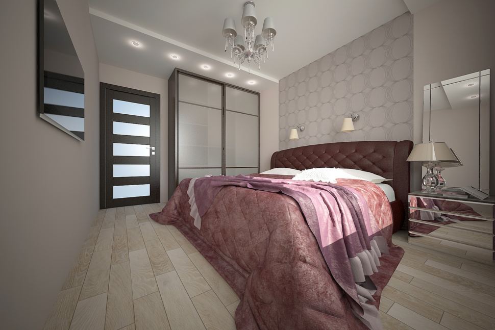 Визуализация спальни 16 кв.м в светлых тонах с фиолетовыми оттенками, шкаф, кровать, телевизор, зеркало, прикроватная тумба