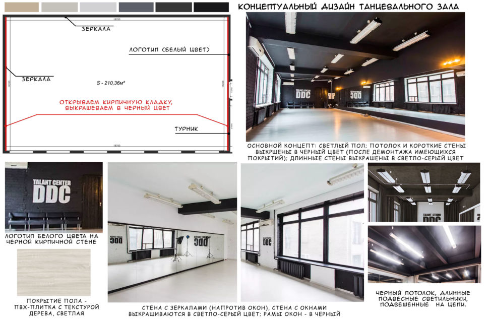 Концептуальный коллаж танцевального зала 210 кв.м, черный потолок, черные рамы на окнах, радиаторы, зеркала, логотип