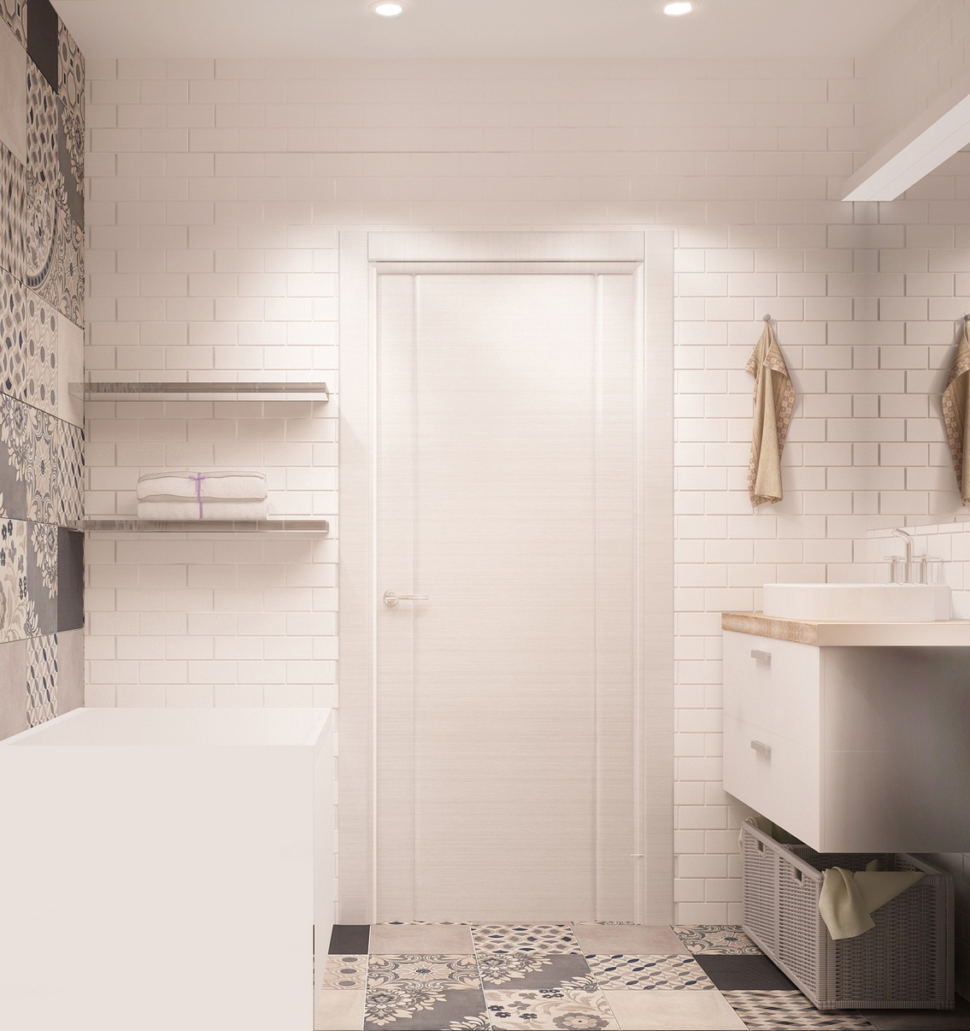 Дизайн-проект ванной комнаты 4 кв.м в теплых оттенках, керамическая плитка под дерево, белая подвесная тумба, полки, зеркало, плитка