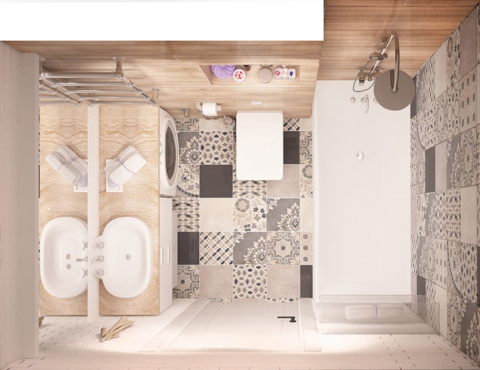 Визуализация ванной комнаты 4 кв.м в теплых оттенках, керамическая плитка под дерево, орнамент, мойка, ванна, душ