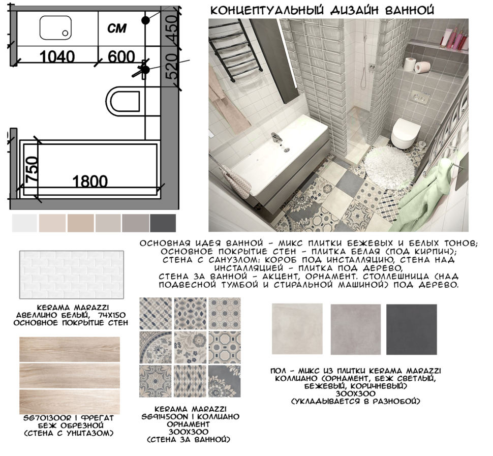 Концептуальный коллаж ванной комнаты 4 кв. м в бежевых и серых оттенках, керамическая плитка под дерево, орнамент